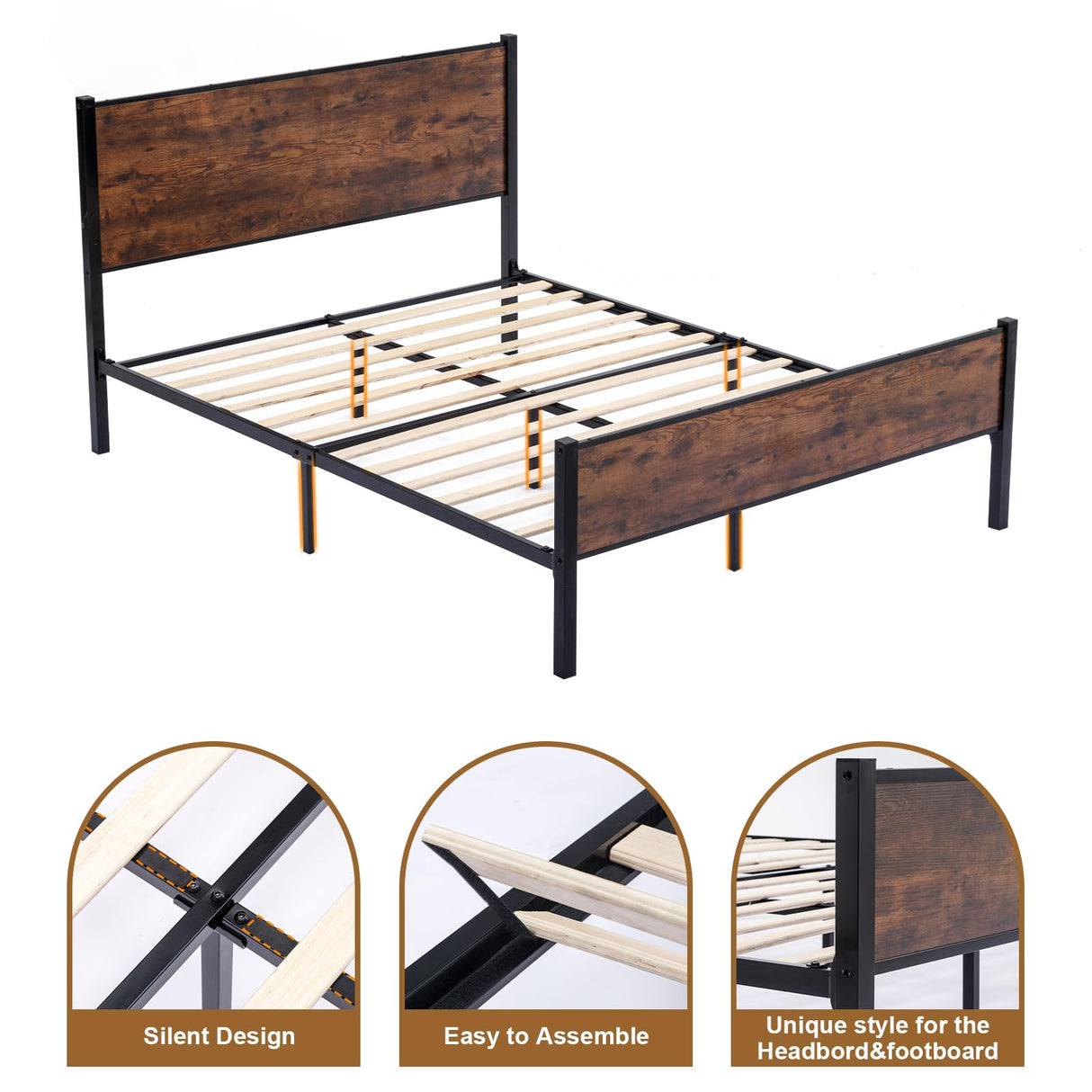 Queen Size Platform Bed Frame with Wooden Headboard and Footboard, Large Under Bed