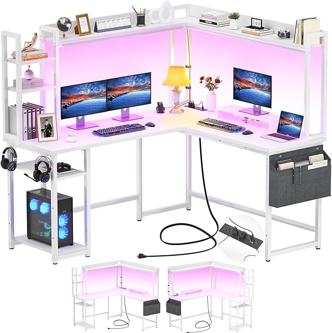 L Shaped Desk with Power Outlet, L Shaped Gaming Desk with Led Light & Hutch