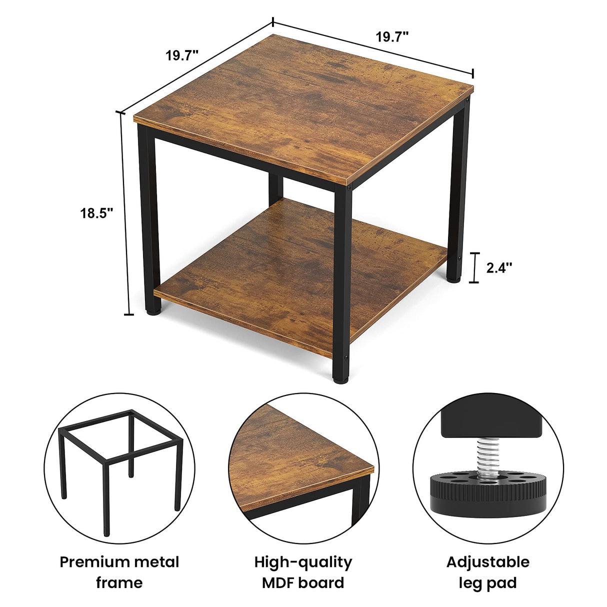 Side Table 20 Inch Square, 2-Tier Coffee Tea End Table Nightstands for Sofa Couch Bed