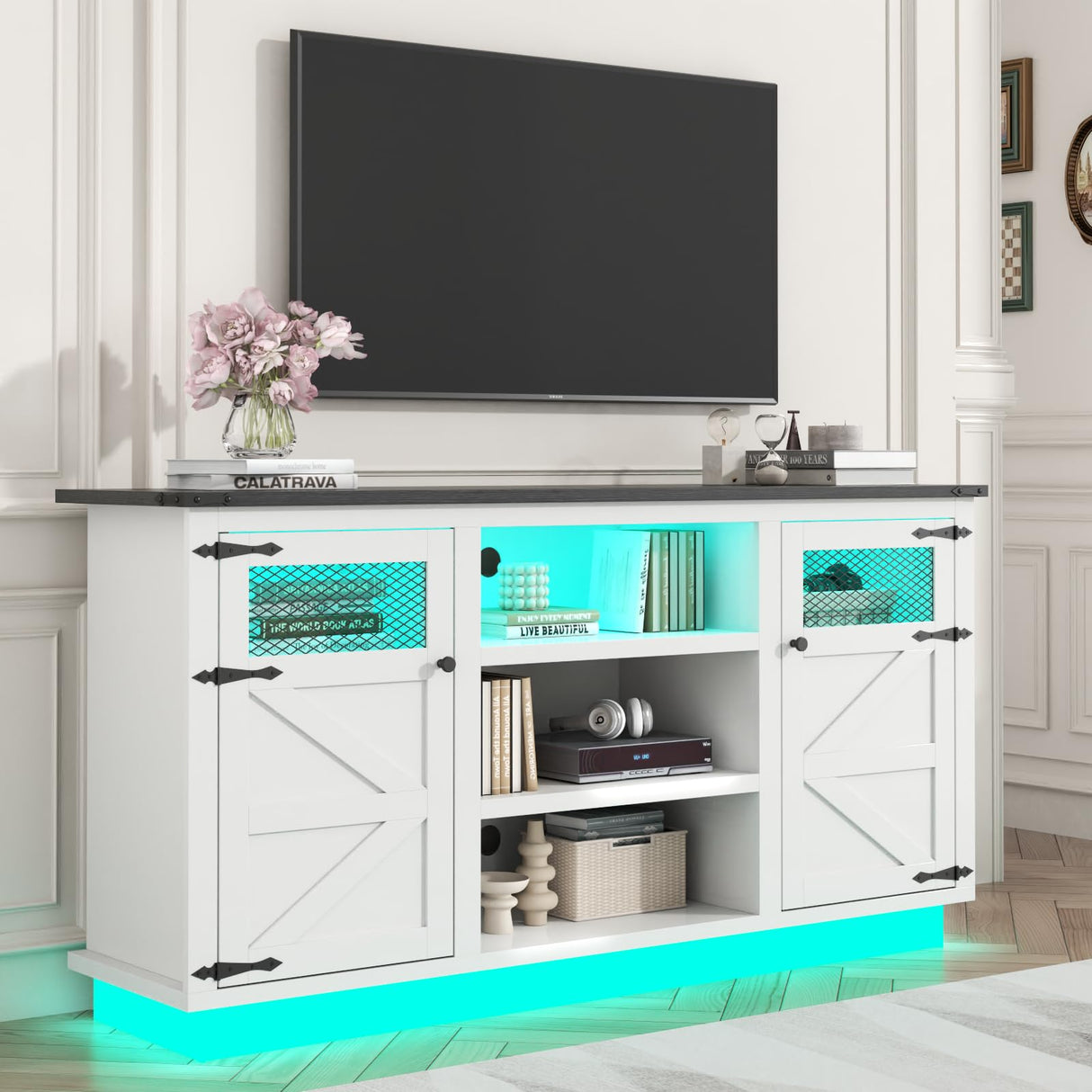 Farmhouse TV Stand with Power Outlet & LED Lights for 65+ Inch TV