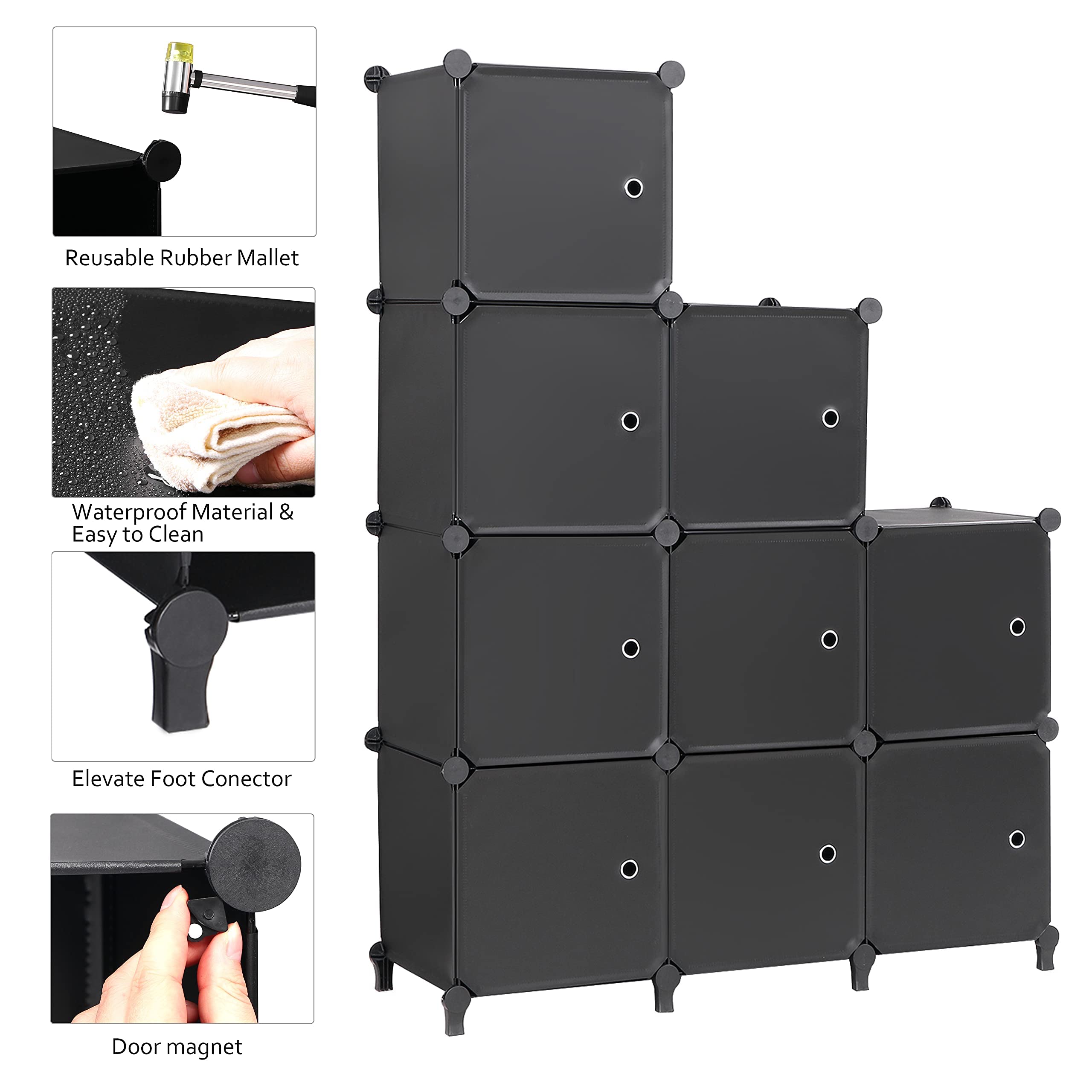 Cube Storage Organizer with Doors 9-Cube Modular DIY Book Shelf with Doors, Cube Storage Shelf, Plastic Storage Cubbies Cabinet for Living Room Bedroom Office 36.8"x12.4"x49.8" Black ULCS09BM