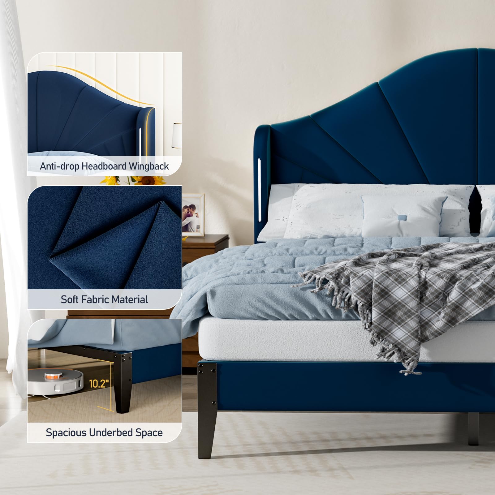 Full Bed Frame with LED Lights - Velvet Blue Upholstered Platform Bed