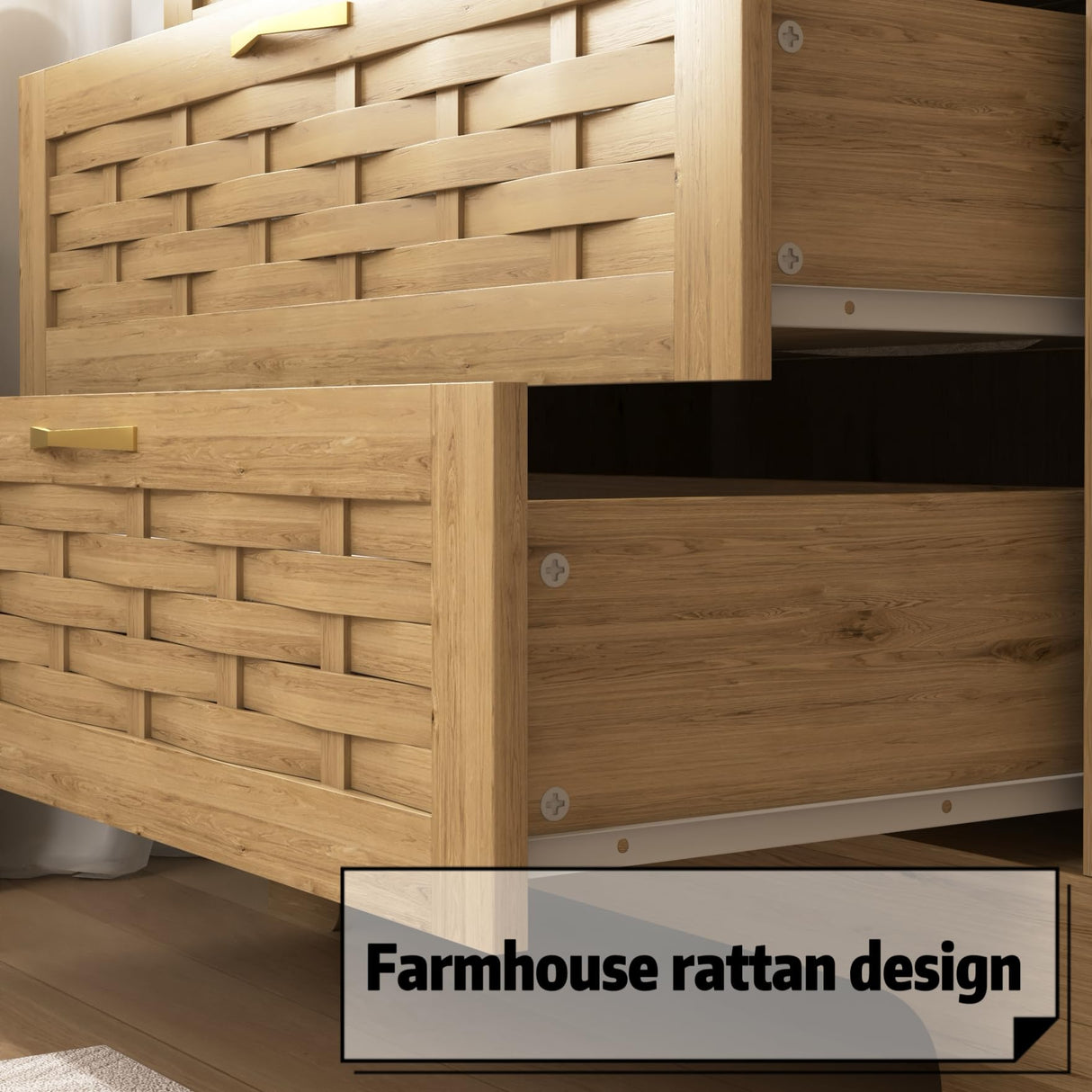 Dresser for Bedroom,6 Drawers Rattan Dresser, Farmhouse Wood Chest of Drawers