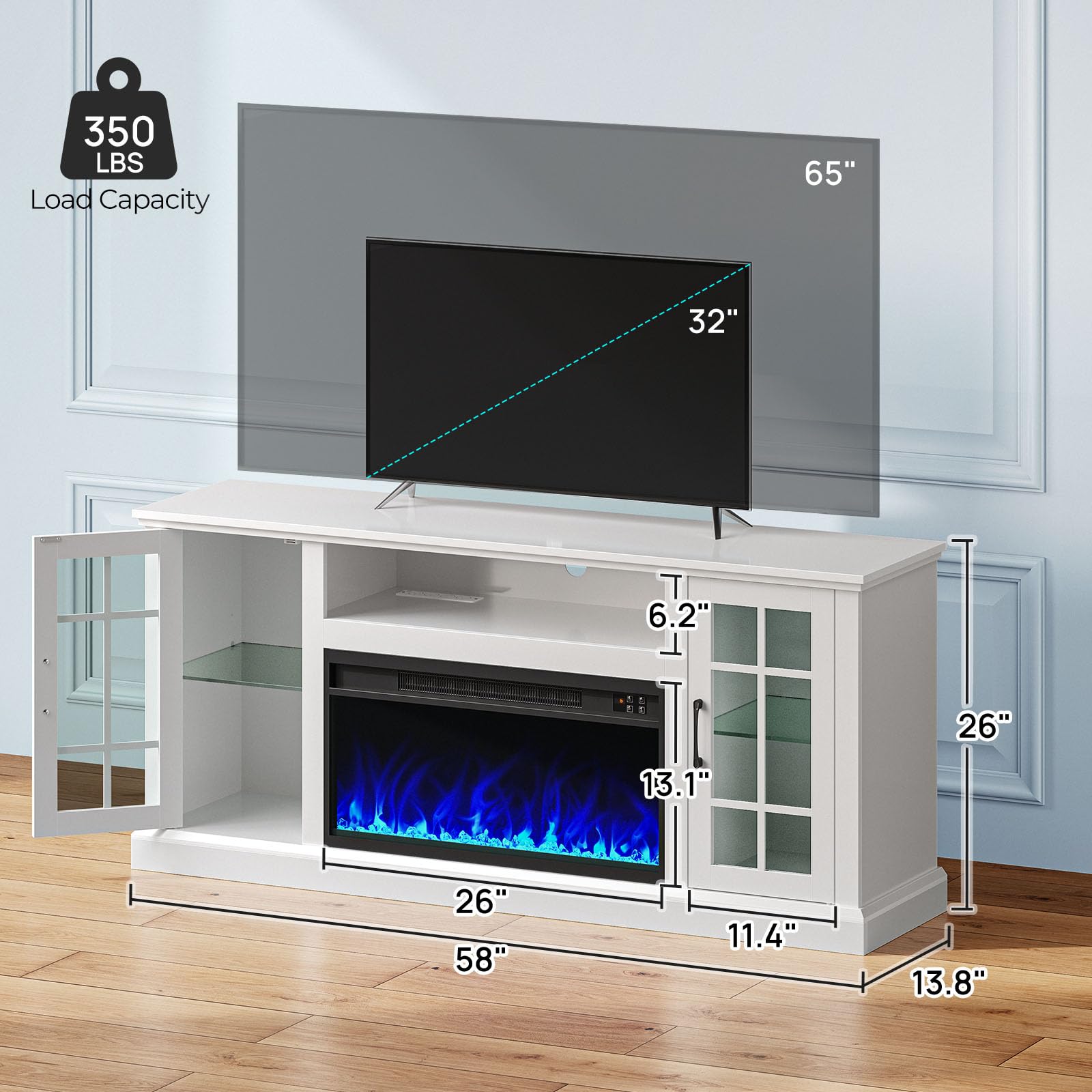 White Fireplace TV Stand with LED Lights & Power Outlets - 65 Inch