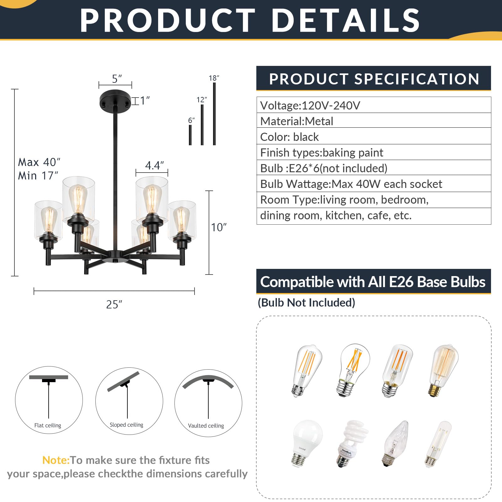 Farmhouse Chandelier with Cylinder Clear Glass 6 Light Vintage Black Bedroom Kitchen