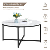 Faux Marble Coffee Table, Modern Round Accent Table with X-Base & Metal Frame,