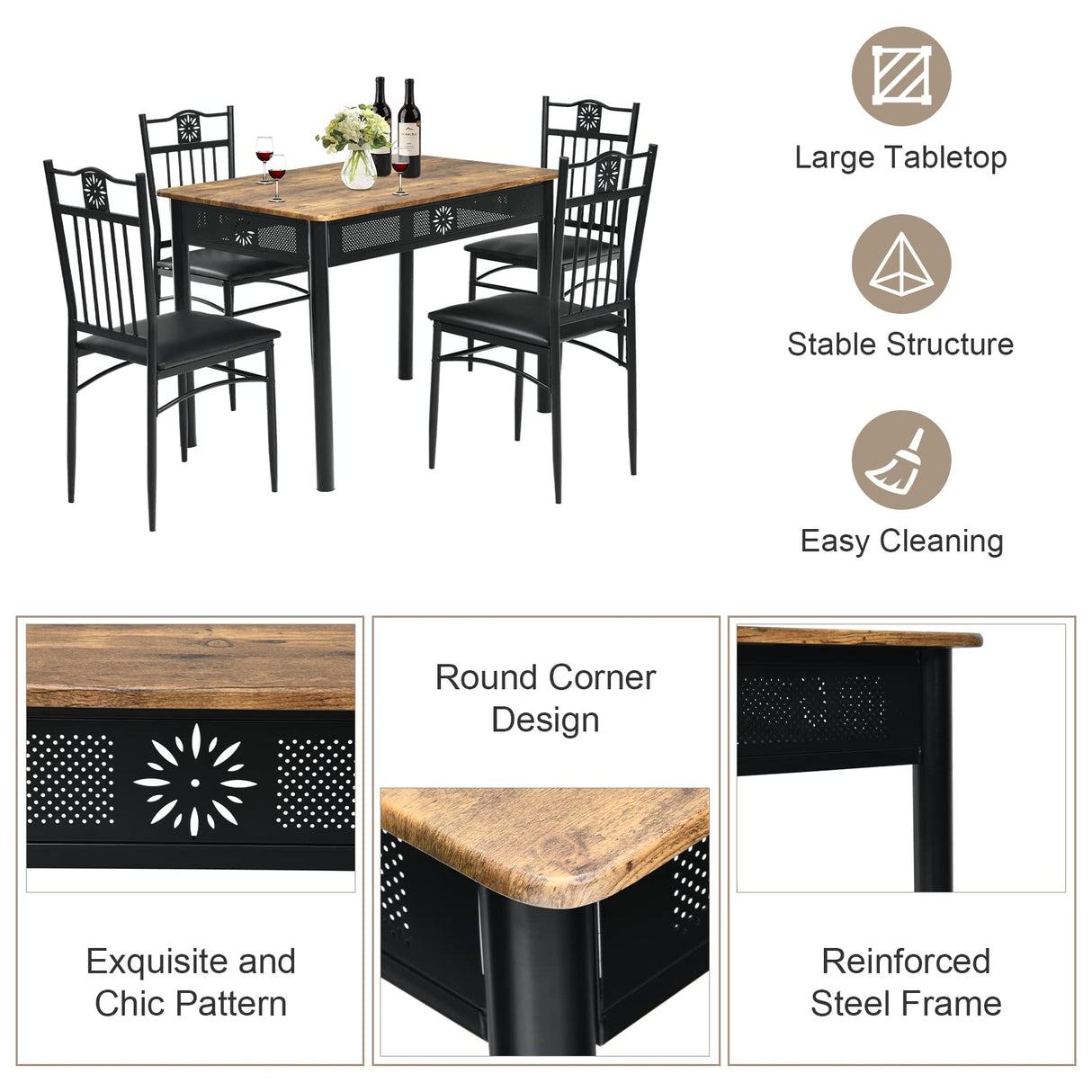 5 Pieces Dining Table Set, Modern Kitchen Table Set for 4 Person, 42” Rectangular Table w/ 4 Upholstered Chairs,