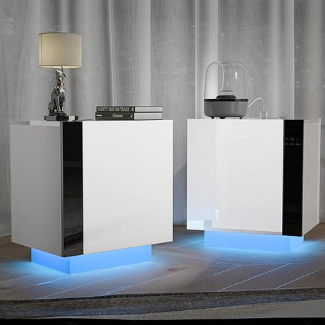 LED Nightstand Set of 2, High Gloss Night Stand with Charging Station