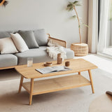 2-Tier 100% Solid Oak Wood Rattan Coffee Table - Coffee Table