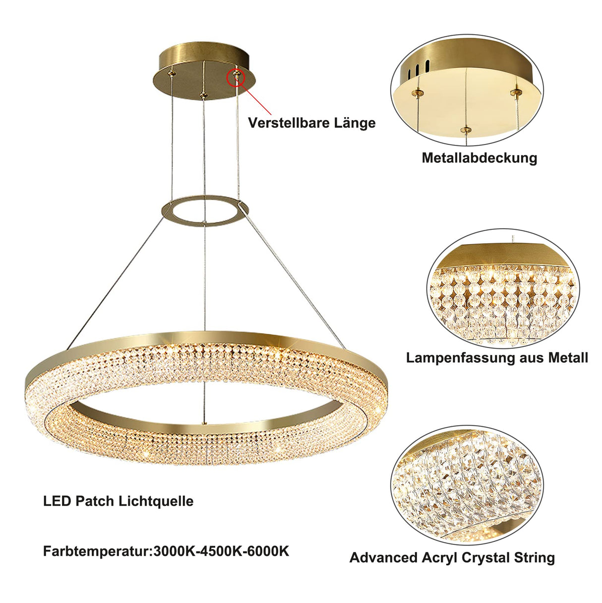 24 inch Modern Crystal Chandelier LED Ring Pendant Lighting Adjustable Hanging Ceiling