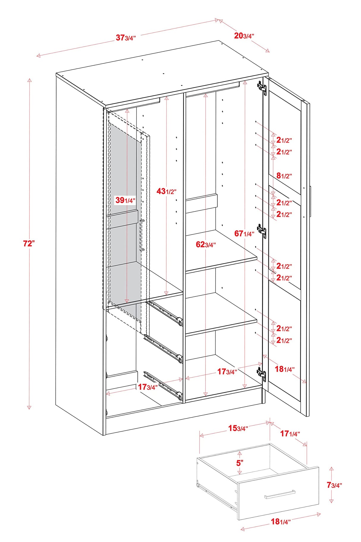 100% Solid Wood Metro 2-Door Wardrobe w/Raised Panel Doors, 2 Clothing Rods