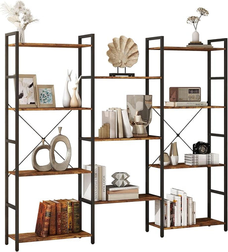 Triple 4 Tier Bookshelf, Industrial Bookcase with 11 Open Display Shelves Wide Book Shelf