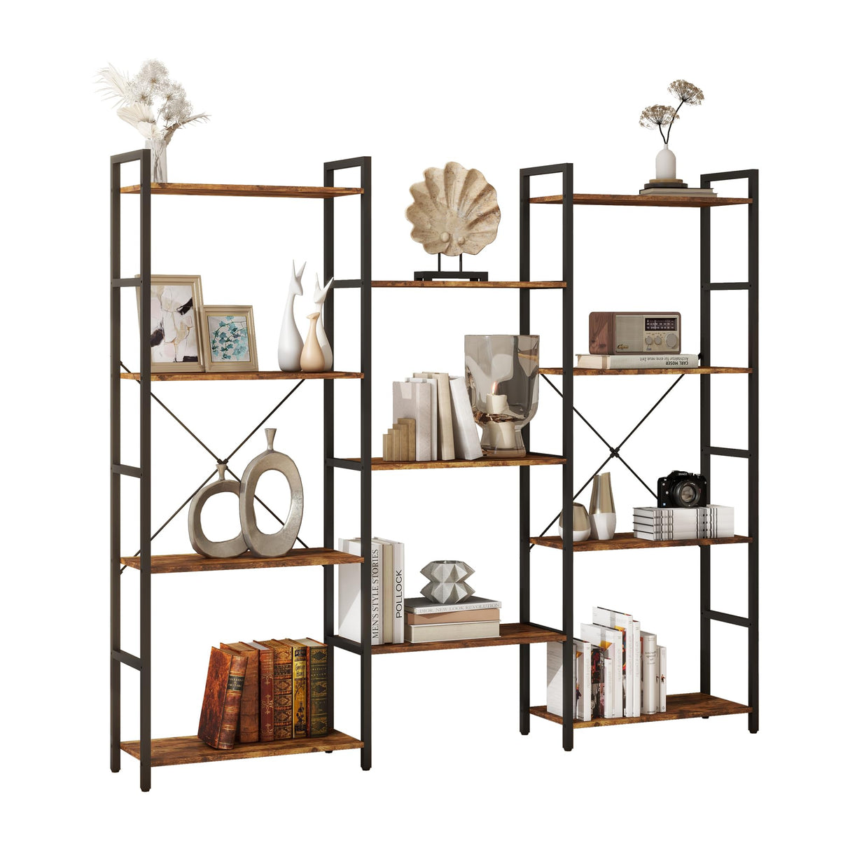 Triple 4 Tier Bookshelf, Industrial Bookcase with 11 Open Display Shelves Wide Book Shelf