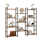 Triple 4 Tier Bookshelf, Industrial Bookcase with 11 Open Display Shelves Wide Book Shelf