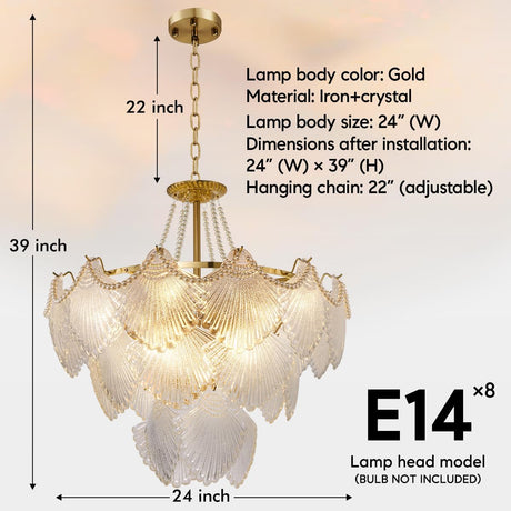 Gold Multi-Tier Crystal Chandelier, Shell Cloud Glass Metal Pendant Chandeliers Hanging