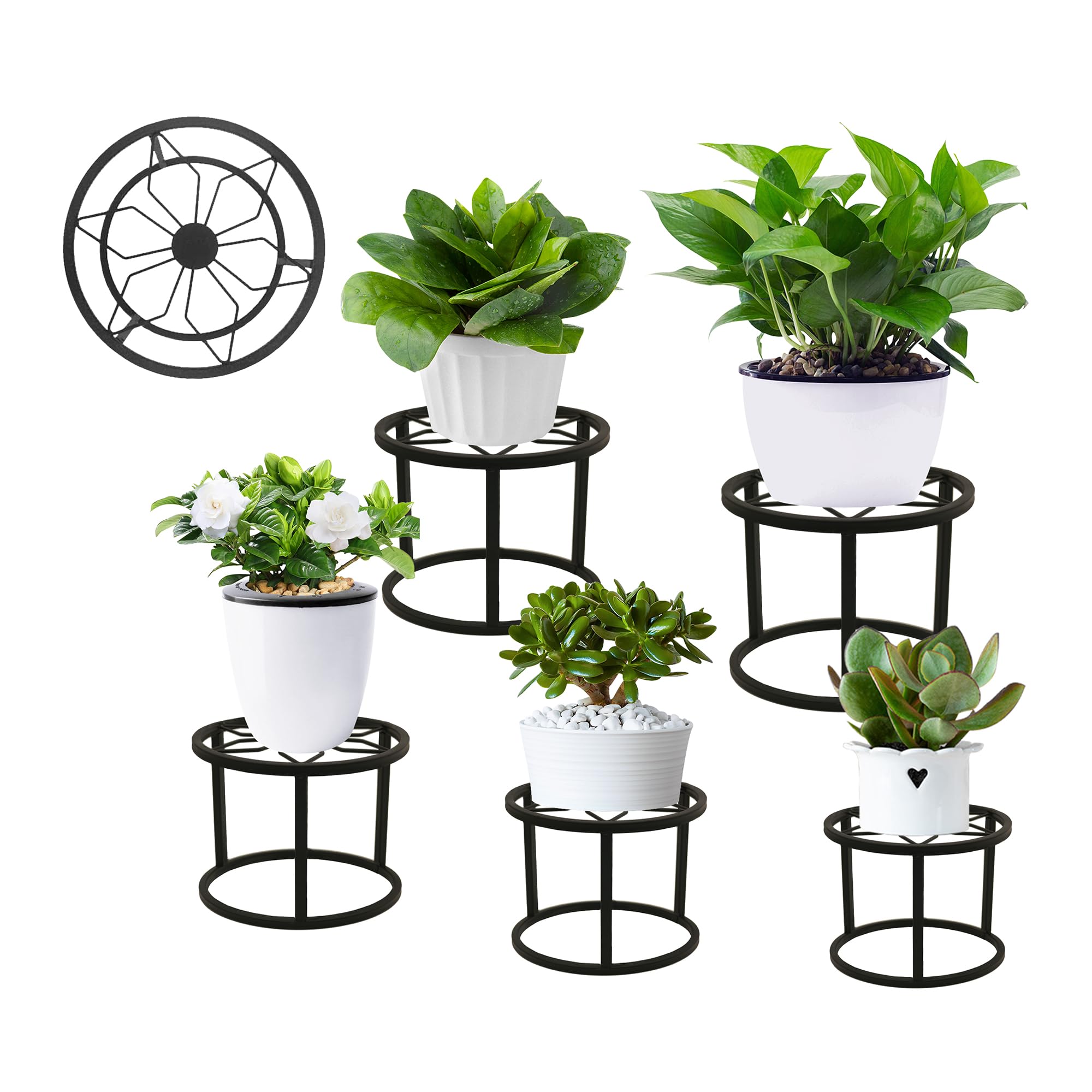 TUSPEU 5 Pack Metal Plant Stands for Indoor Outdoor Flower Pot Holders for Multiple Plant Anti-Rust Heavy Duty Round Supports Plant Pot Stool Stand Planter Racks for Home Garden Decoration