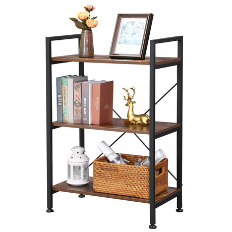 37" H 3 Tier Bookshelf, Rustic Small Book Shelf for Small Spaces, Brown Wooden Shelves