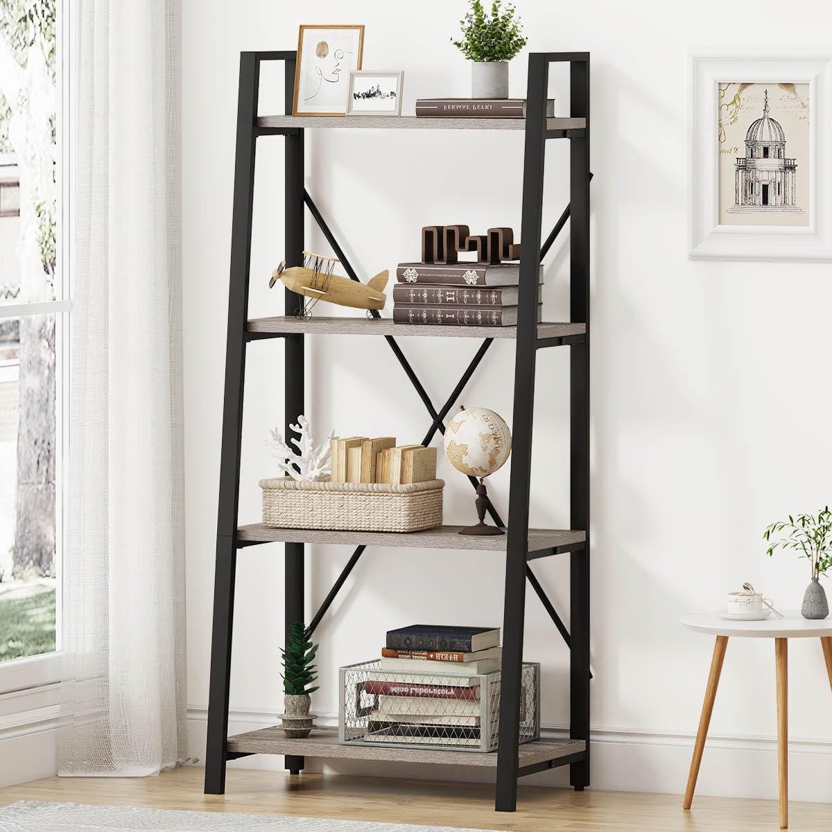 Rustic Ladder Bookshelf, 4 Tier Industrial Ladder Shelf Bookcase, Standing Leaning Book