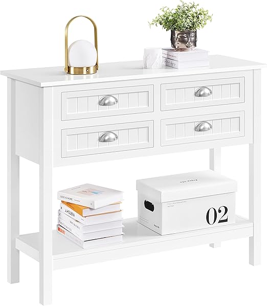 Console Table with 4 Drawers, Sofa Side Table with Bottom Open Storage Shelf,