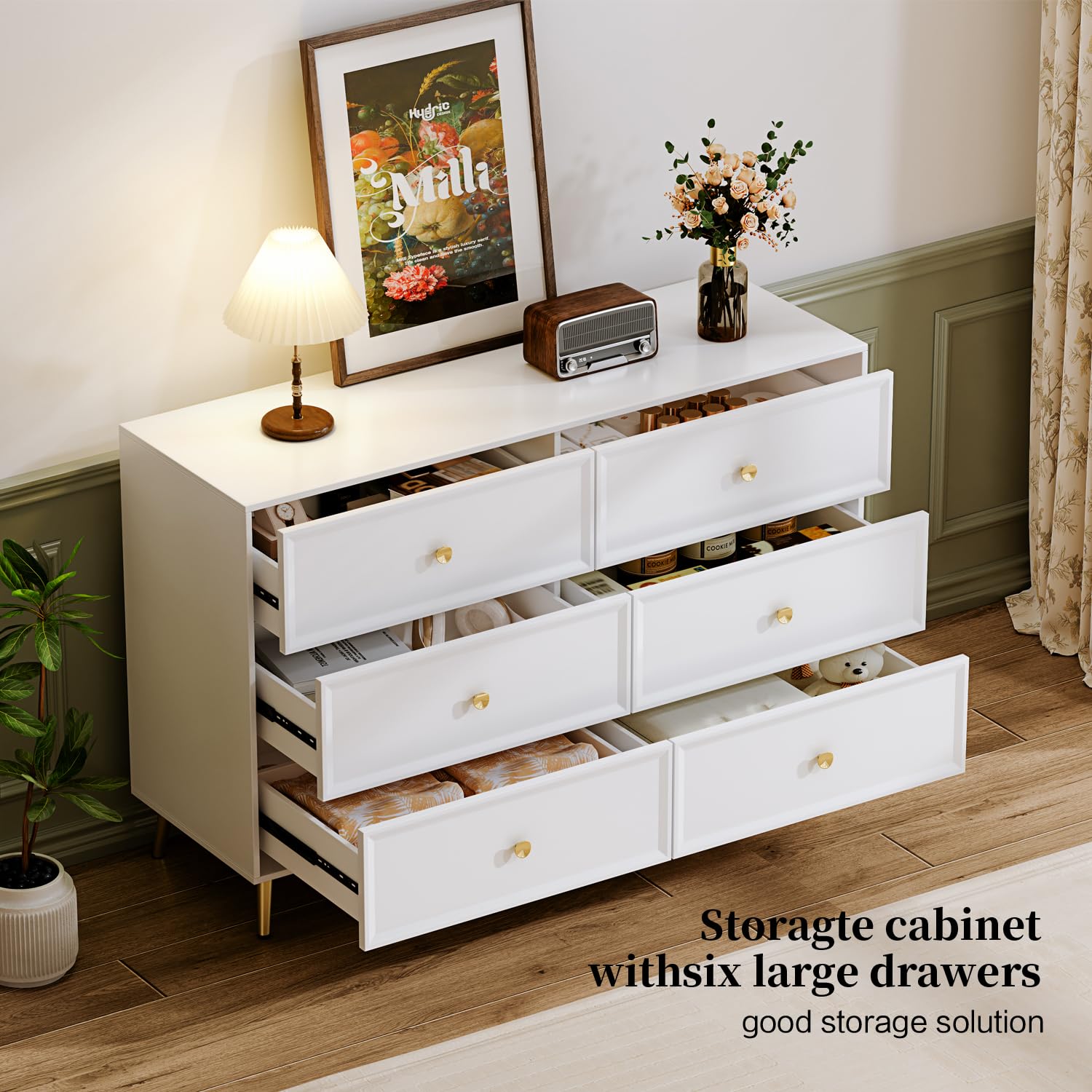 Cream 6 Drawer Dresser for Bedroom, Large Double Dresser with Wide Drawers