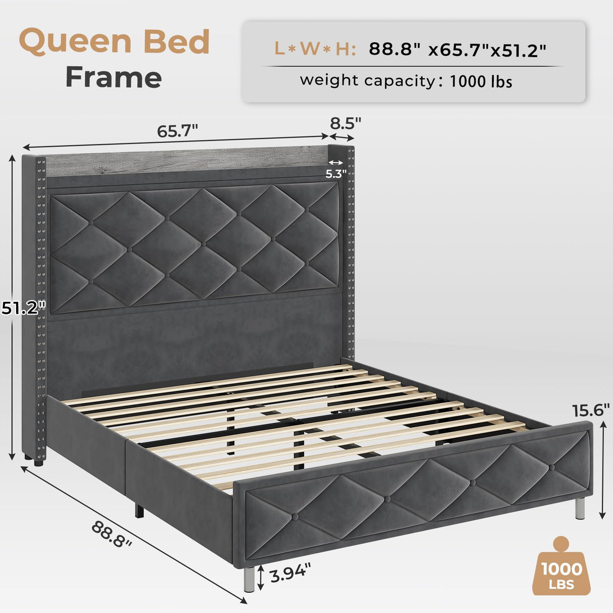 Queen Bed Frame with Tall Storage Headboard, Bed Frame Queen Size with Charging