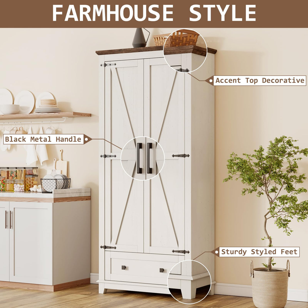 LUXOAK Farmhouse Kitchen Pantry Cabinet, 72" Tall Storage Cabinet with Adjustable Shelves & Barn Doors, Freestanding Kitchen Cupboard for Dining Room, Living Room, Barnwood+White