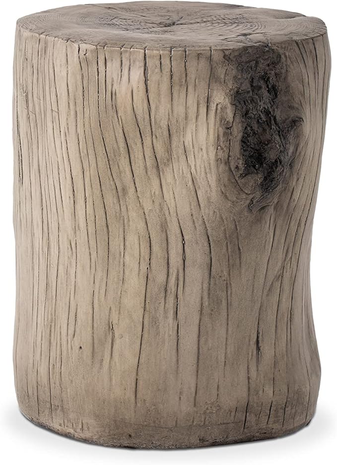 2 Pieces Outdoor Antique Beige Side Table Faux Wood, Hand-Painted Wood Stump Stool