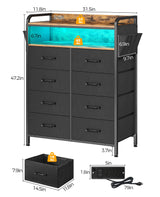 Dresser with Power Outlets and LED Lights, 8 Drawers Dresser with Side Pockets, Fabric