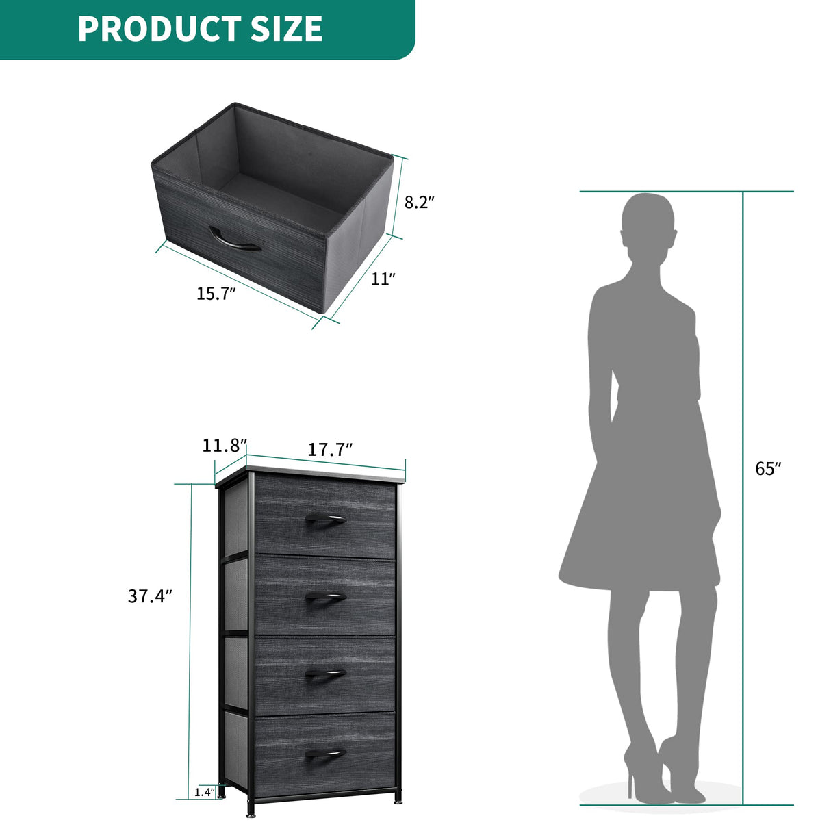 Dresser with 4 Drawers - Fabric Storage Tower, Organizer Unit for Bedroom, Hallway,