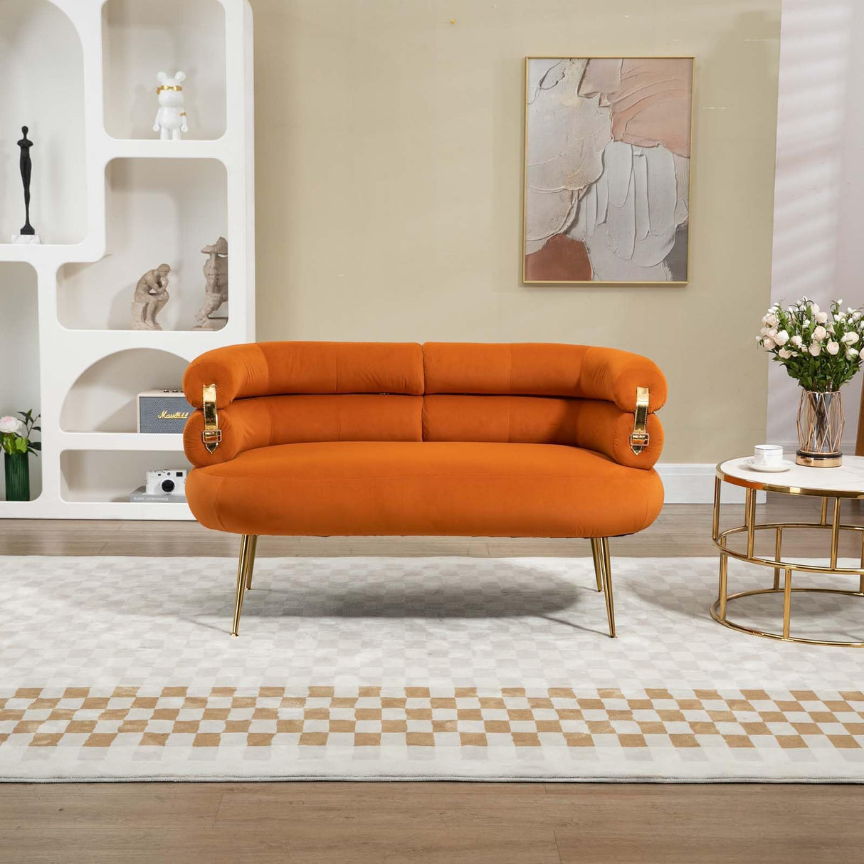 Modern Velvet Accent Loveseat Sofa, Upholstered Sofa Chair with Golden Metal Legs