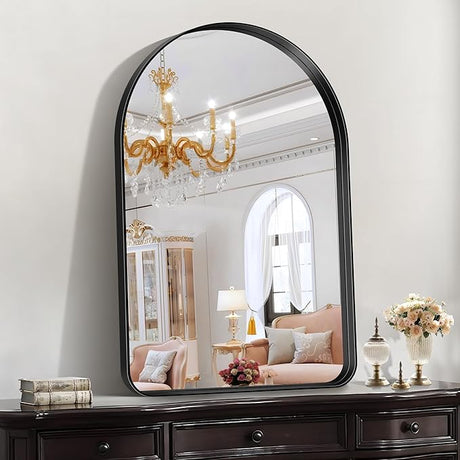 Arched Wall Mirror, 36"×40" Bathroom Mirror Black Deep Frame, Large Modern Dresser Mirror Wall Mounted Decor Metal Frame for Bedroom Living Room Entryway Fireplace Mantel Dining Room