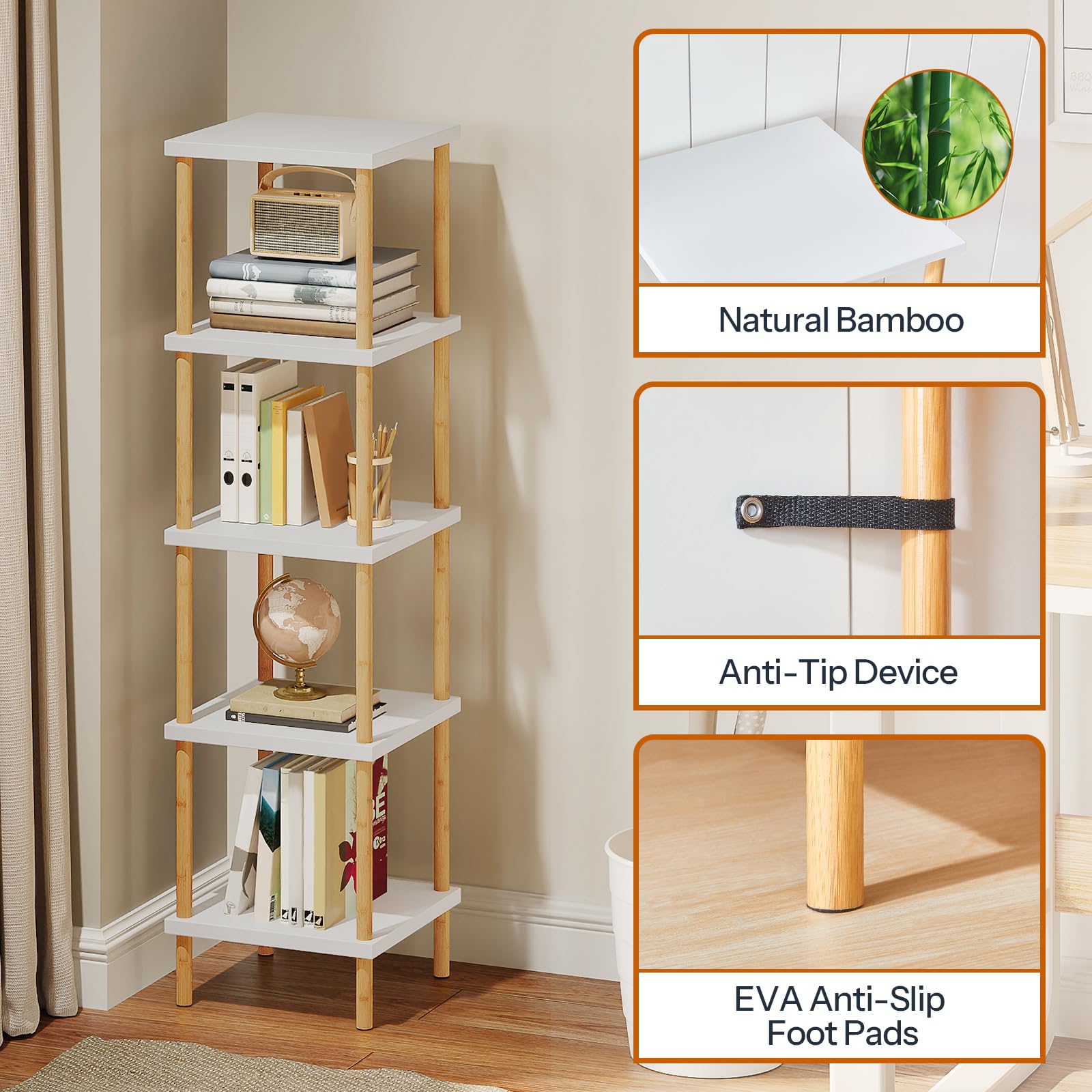 HOOBRO 5-Tier Corner Shelf, Bamboo Corner Square Rack Display Shelf, Tall Storage Rack Plant Stand, Corner Bookcase for Small Spaces, Living Room, Home Office, Kitchen, White and Natural WT21CJ01