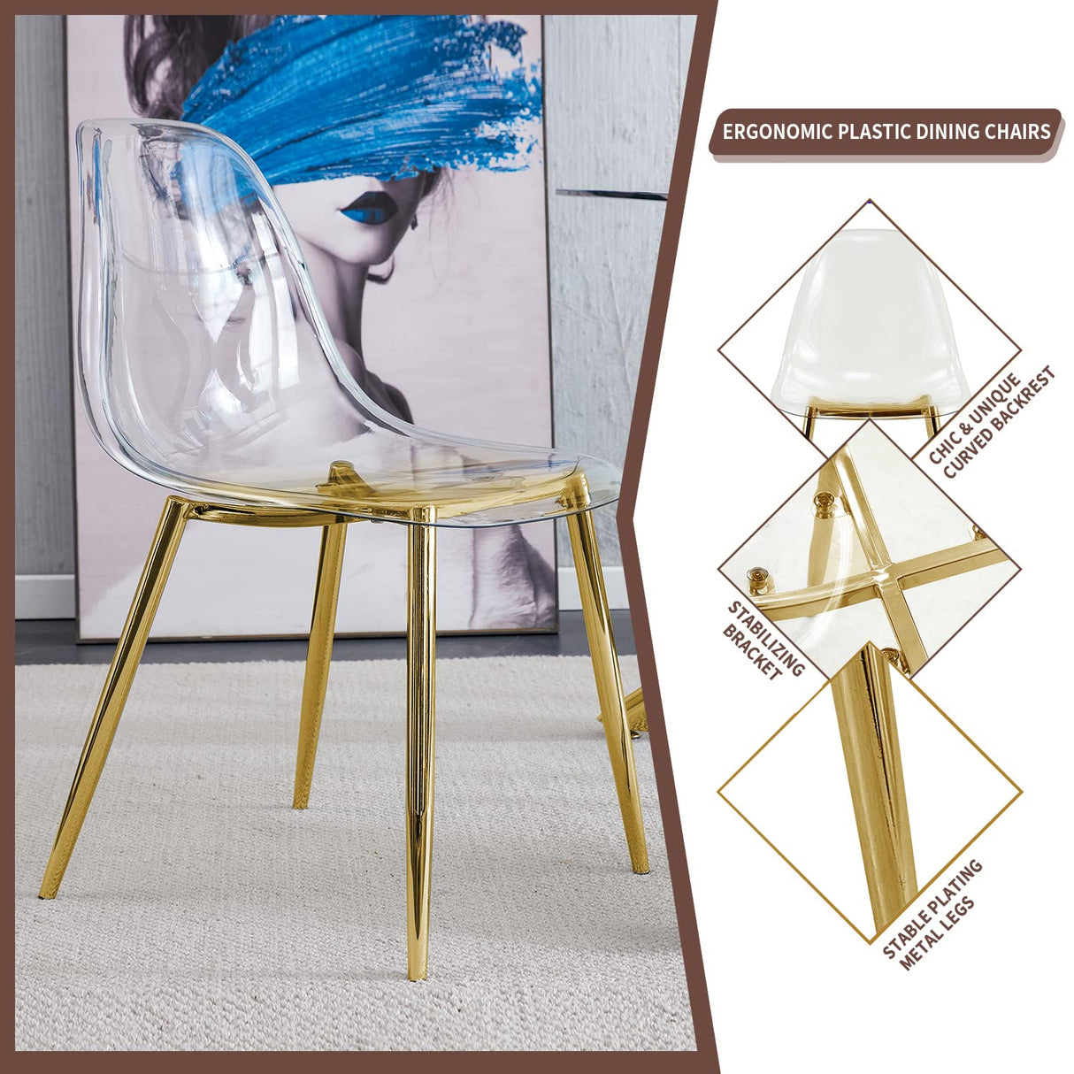 51 inch Glass Dining Table Set for 4, Dining Table & Chair Sets with Gold Plating Legs