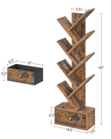 Yzosvki 9 Tier Tree Book Shelf with Drawer, Floor Standing Bookshelf Storage Organizer Bookshelves for Books/CDs, 9 Shelf Narrow Bookcase for Sturdy Room, Bedroom, Living Room, Rustic Brown