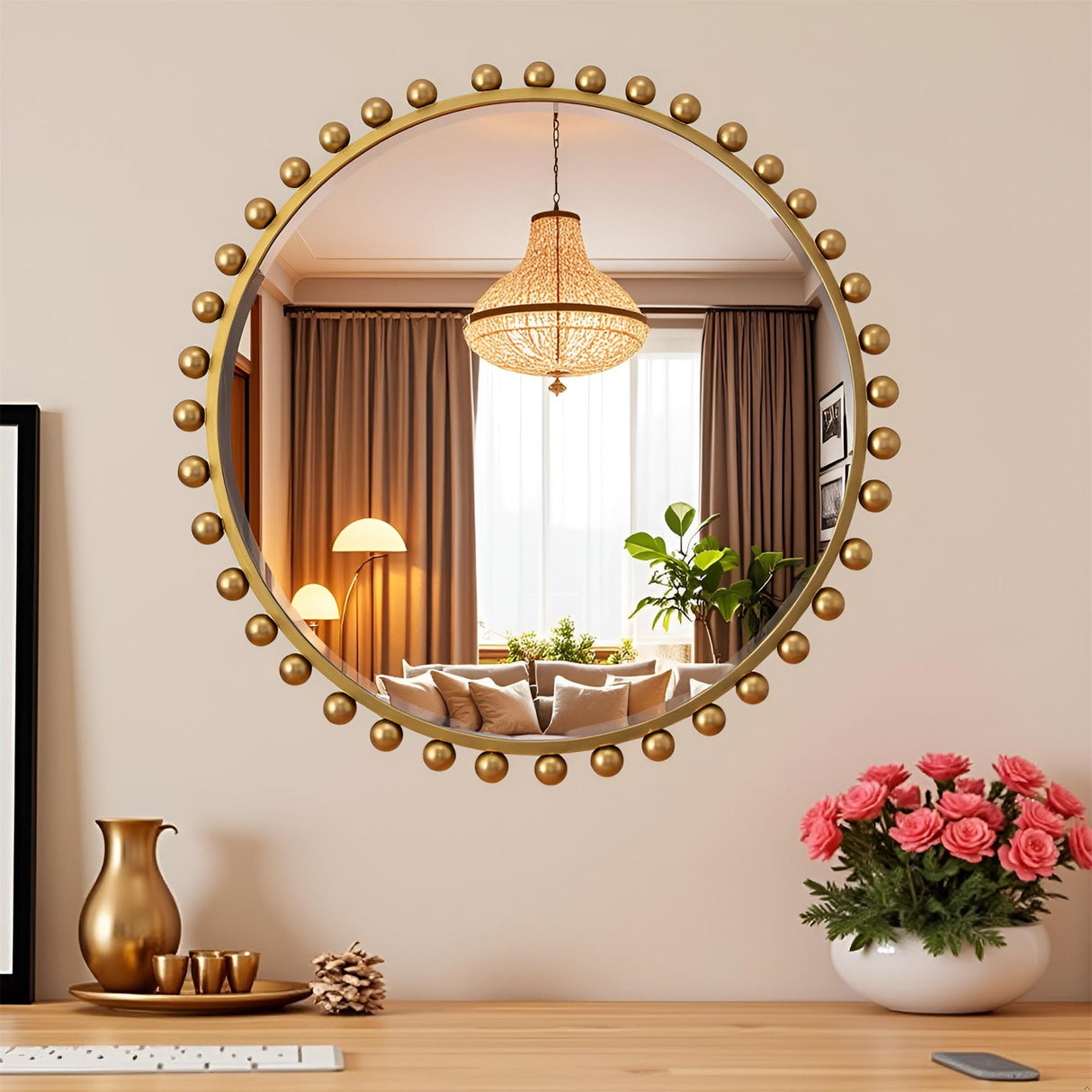 Antique Gold Round Mirror with Beveled Glass - 30 Inch Beaded Decorative Wall Mirror