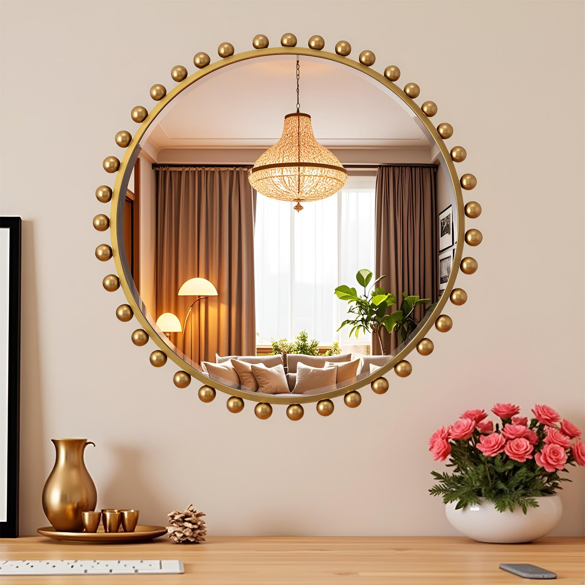 Antique Gold Round Mirror with Beveled Glass - 30 Inch Beaded Decorative Wall Mirror