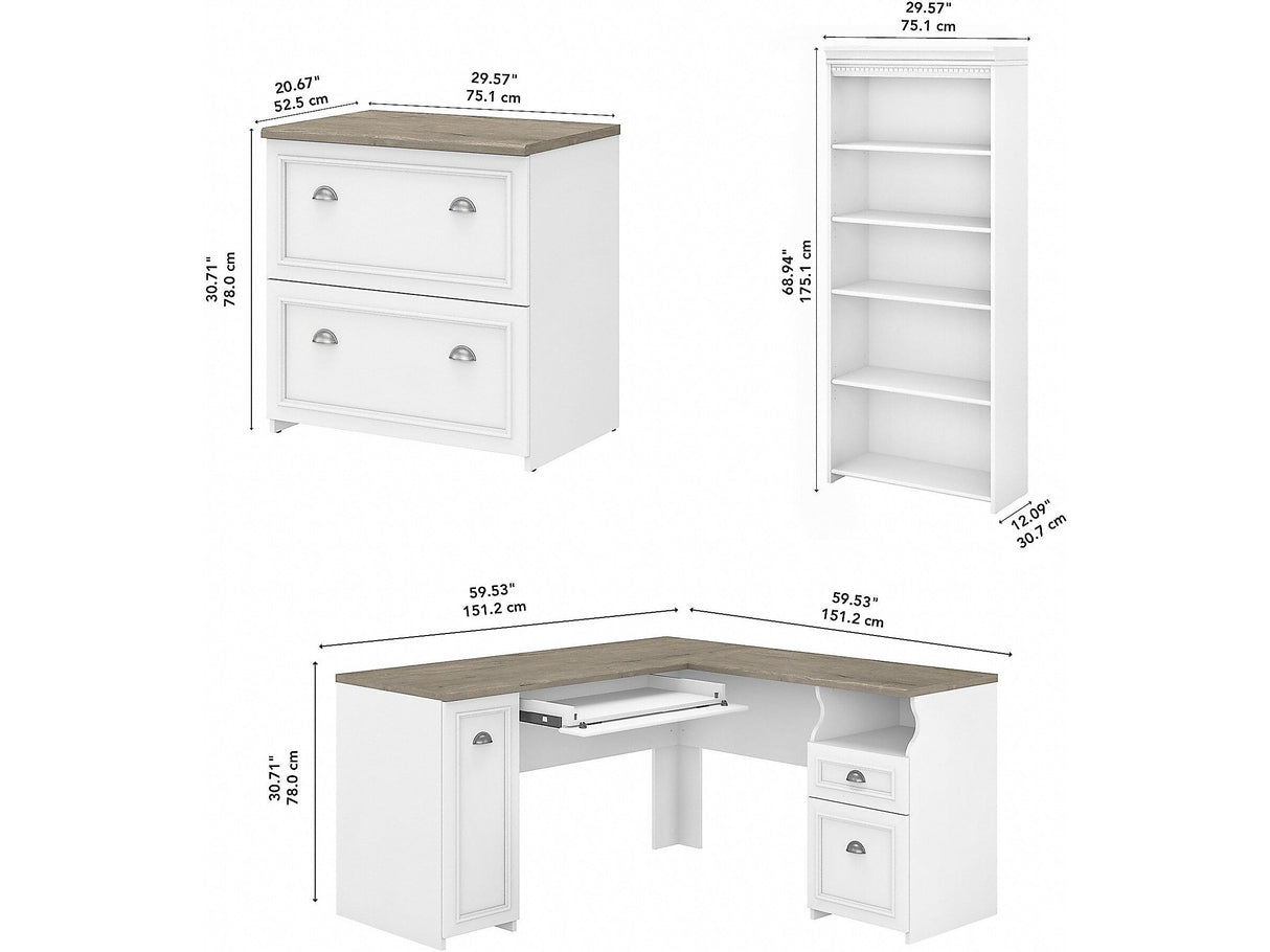 FV008G2W 60-Inch L-Shaped Desk with Lateral File Cabinet and 5-Shelf Bookcase