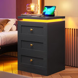 Black Night Stand Set of 2, Nightstand Set 2 with Charging Station & 3 Drawers, Modern