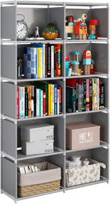 6-Tiers Portable Bookshelf with Fabric Cloth at Back, 10 Cube Closet Storage Organizer Bookcase