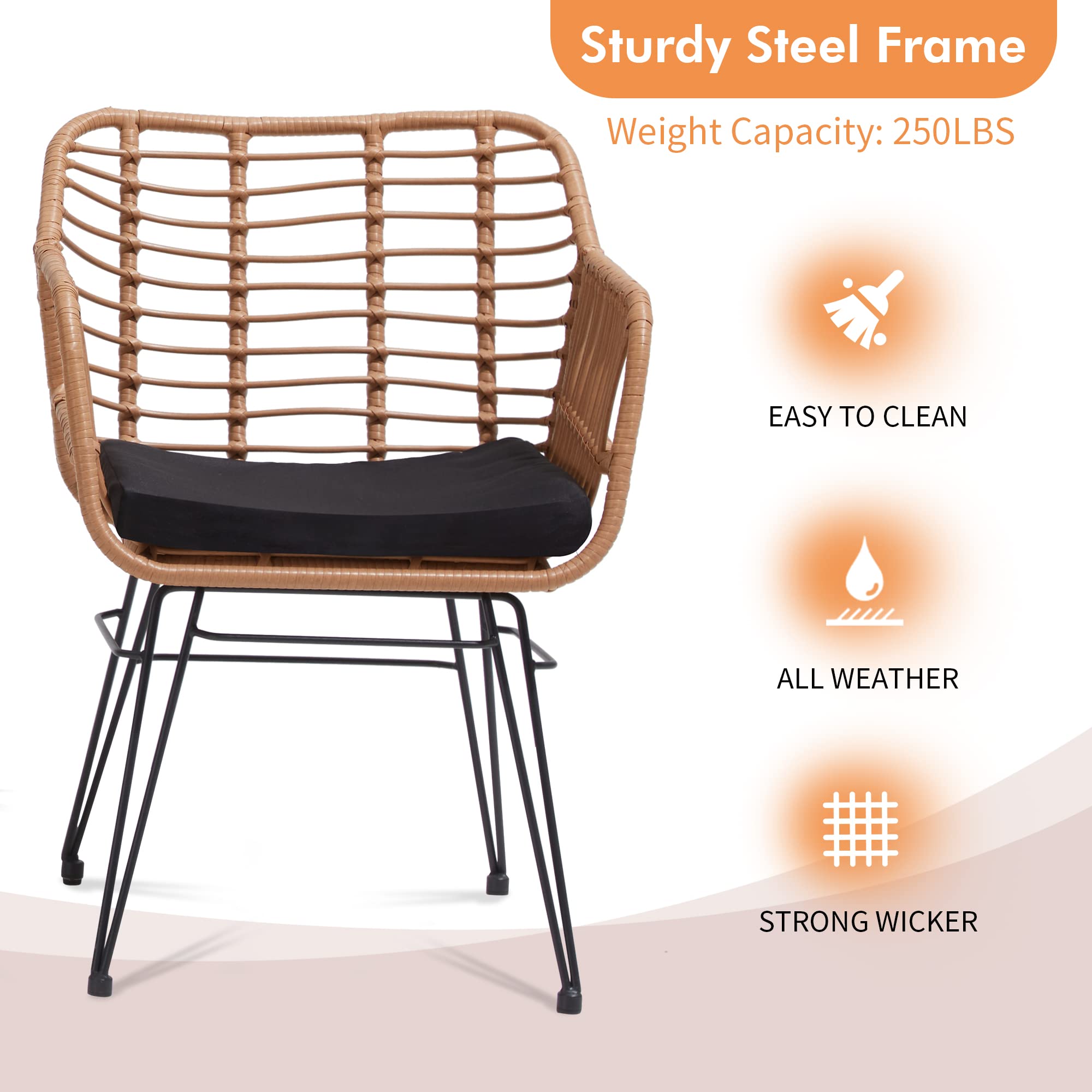 3 Pieces Wicker Patio Bistro Furniture Set, Includes 2 Chairs and Glass Top Tabler