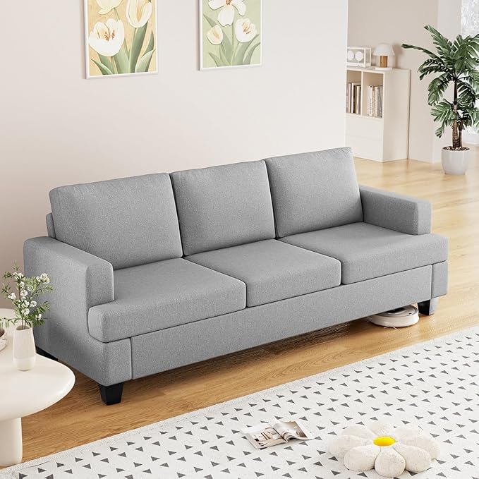 62" Loveseat Couch, Beige Linen Sofa, Modern Deep Seat Sofa for Living Room