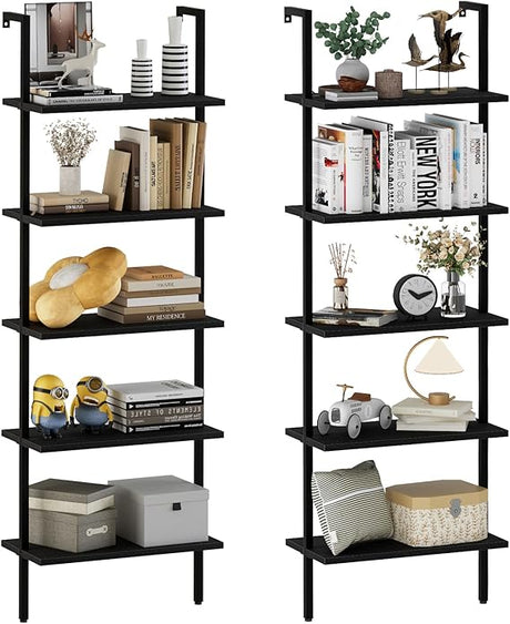 Ladder Shelf 2PCS Open Bookshelf 5-Tier Wood Wall-Mounted Black Bookcase