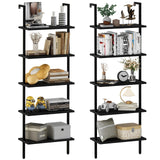 Ladder Shelf 2PCS Open Bookshelf 5-Tier Wood Wall-Mounted Black Bookcase