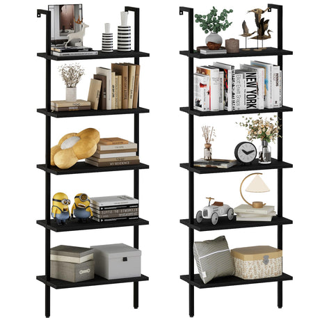 Ladder Shelf 2PCS Open Bookshelf 5-Tier Wood Wall-Mounted Black Bookcase