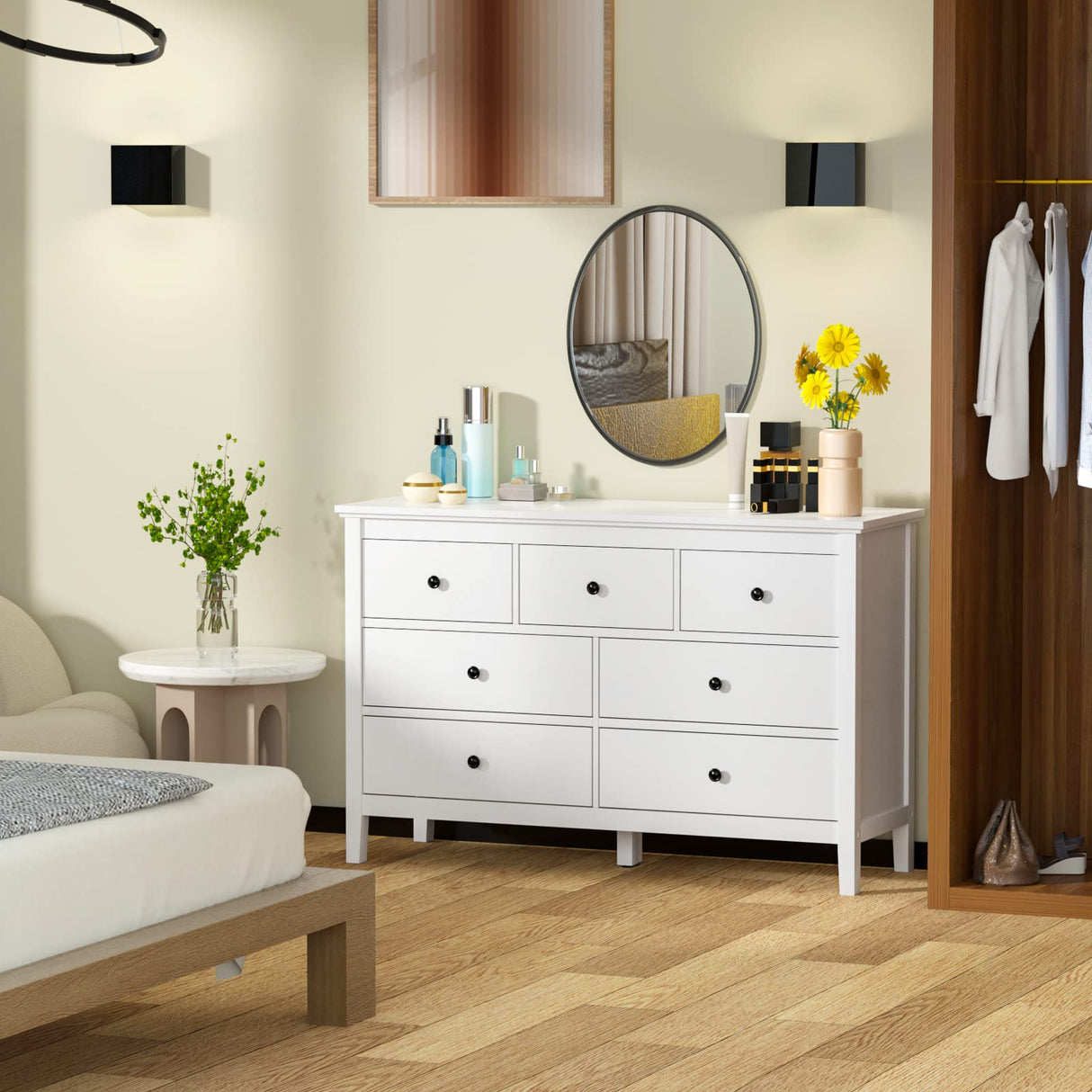 CARPETNAL White dresser, Modern Dresser for Bedroom, 7 Drawer Double Dresser with Wide Drawer and Metal Handles, Wood Dressers & Chests of Drawers for Hallway, Entryway.