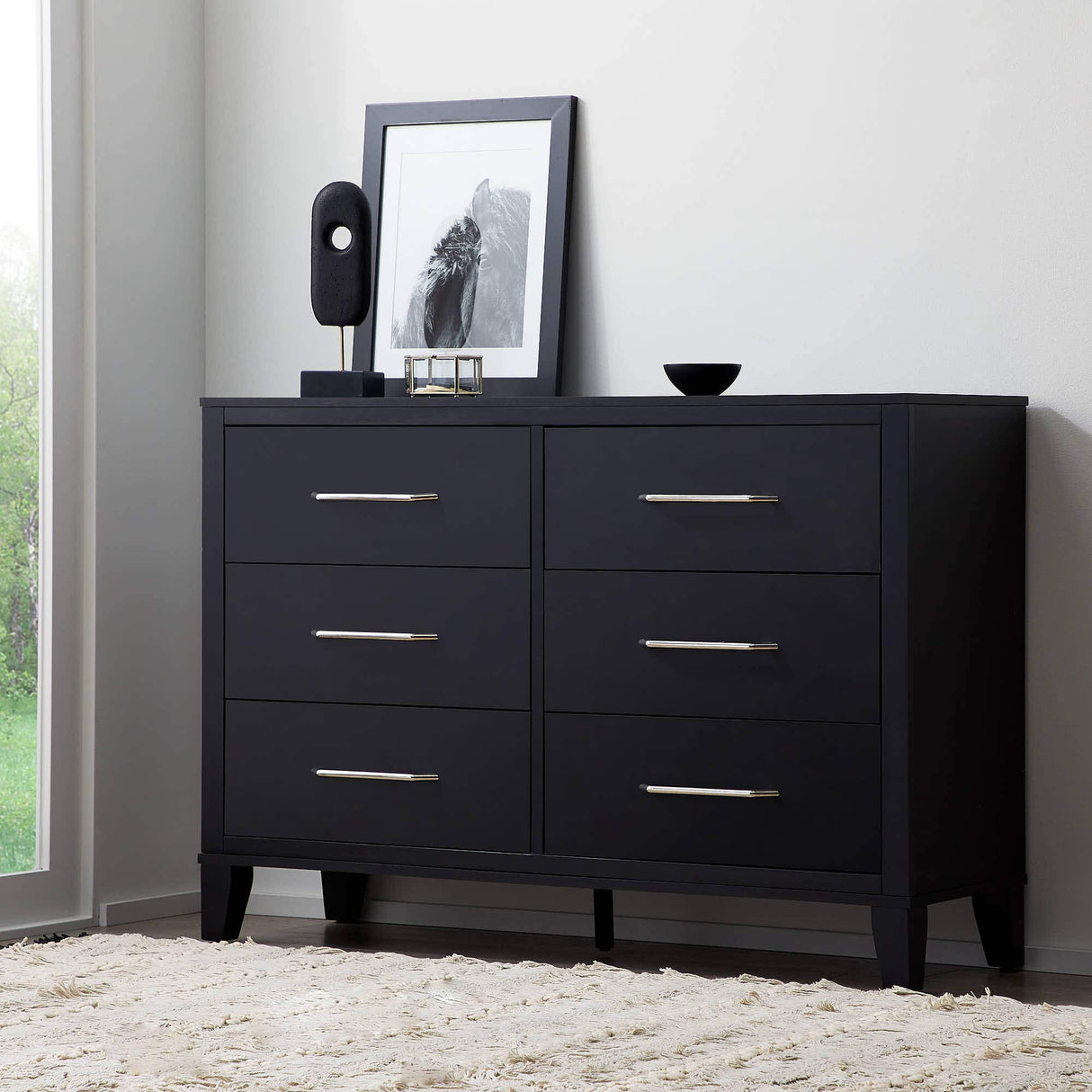 Bedroom-Six Drawer-Modern Design-Easy Assembly, Black Dresser, 55x35x16 inches