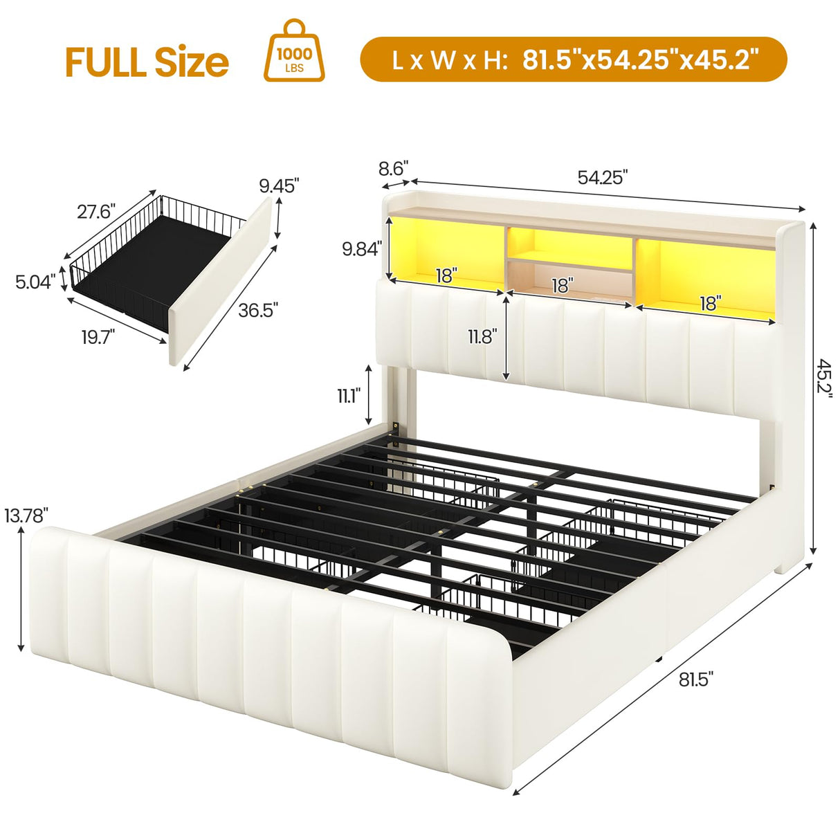 Full Size Bed Frame with Bookcase Headboard and Storage Drawers