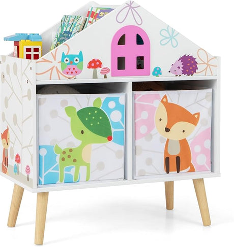 Toy and Book Organizer for Kids, Wooden Stand Bookcase w/ 2 Storage Bins