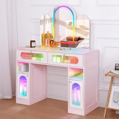 RGB Vanity Desk with Mirror and Lights,LED Makeup Table with Tri-fold Mirror,2 Drawers