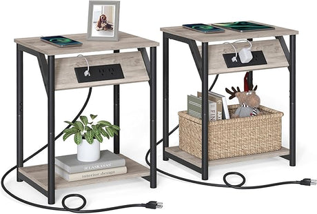 End Table with Charging Station, Small Side Table for Living Room, Bedroom, Nightstand